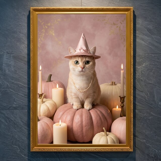 猫（マンチカン）のハロウィン限定アート A4金縁額装インテリア壁掛け