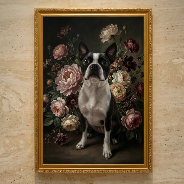 犬（ボストンテリア）の花に囲まれた油絵風アート A3額装インテリア