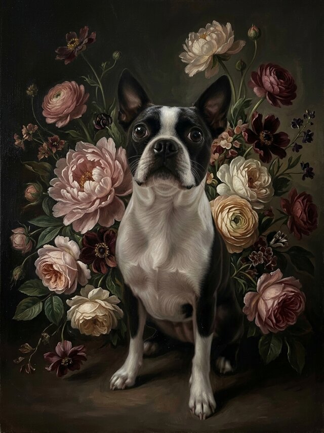 犬（ボストンテリア）の花に囲まれた油絵風アート A3額装インテリア