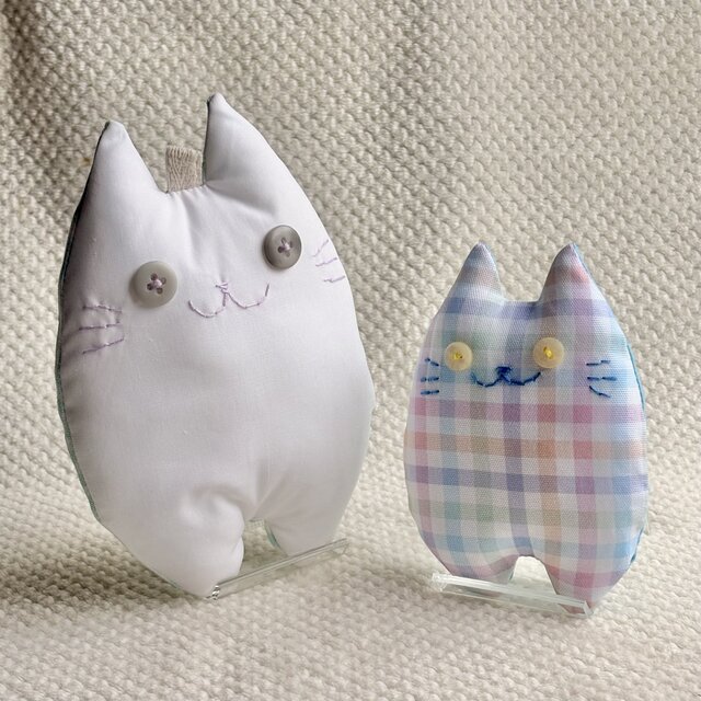 ハンドメイド ちびふにゃ〜た ねこのぬいぐるみ パステルチェック