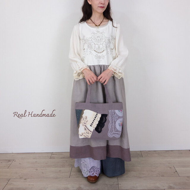Gris Antique チャコールリネン・ヴィンテージレース パッチワーク