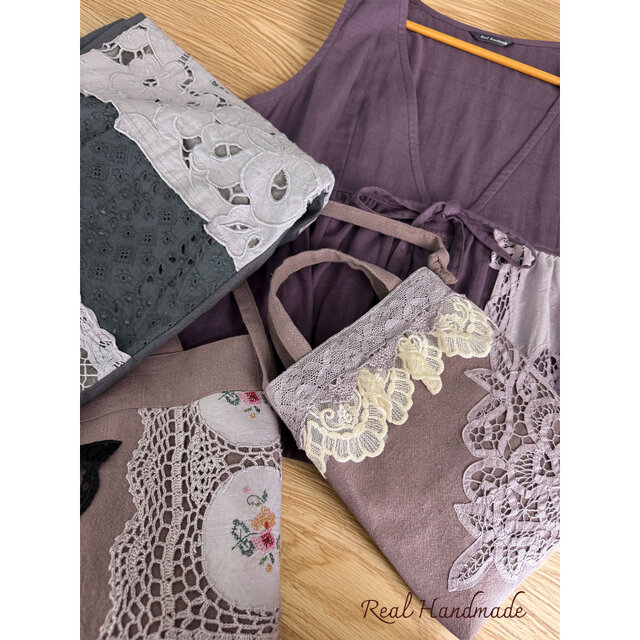 ヴィンテージレース パッチワーク ワイドパンツ ブラック モード Gris Antique チャコールリネン・ヴィンテージレース パッチワーク