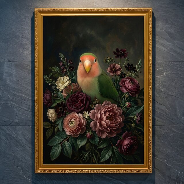 インコ（コザクラインコ）の花に囲まれた油絵風アート A4金縁額装