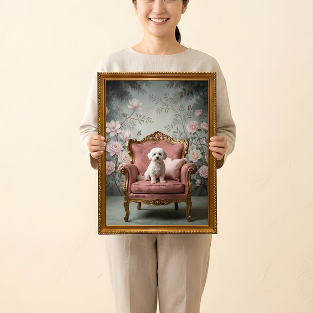 犬（ビションフリーゼ）のロココ調シャビーピンクアート A3額装インテリア壁掛け 犬（ビションフリーゼ）のロココ調シャビーピンクアート A3額装