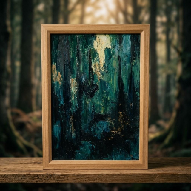 油絵　絵画額縁/抽象画/静物画/油彩画/油絵/風景画/額装/原画 油絵 原画『深淵の灯火』A4額装込 / 抽象画 深緑と青のモダンアート