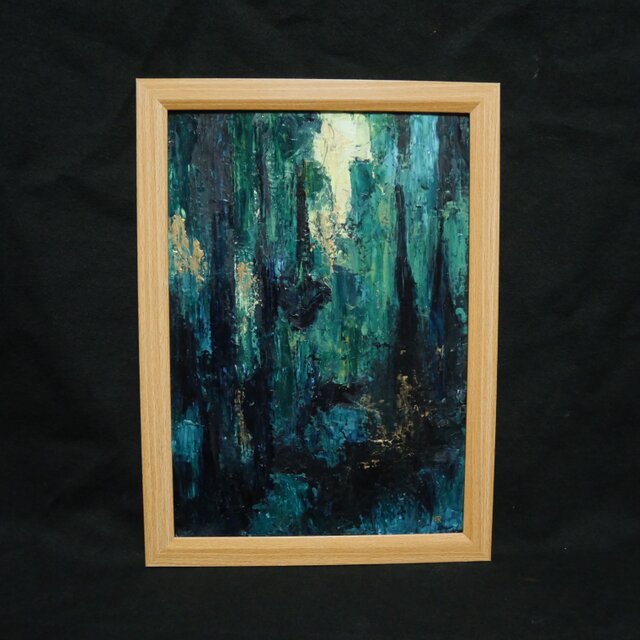 油絵 原画『深淵の灯火』A4額装込 / 抽象画 深緑と青のモダンアート
