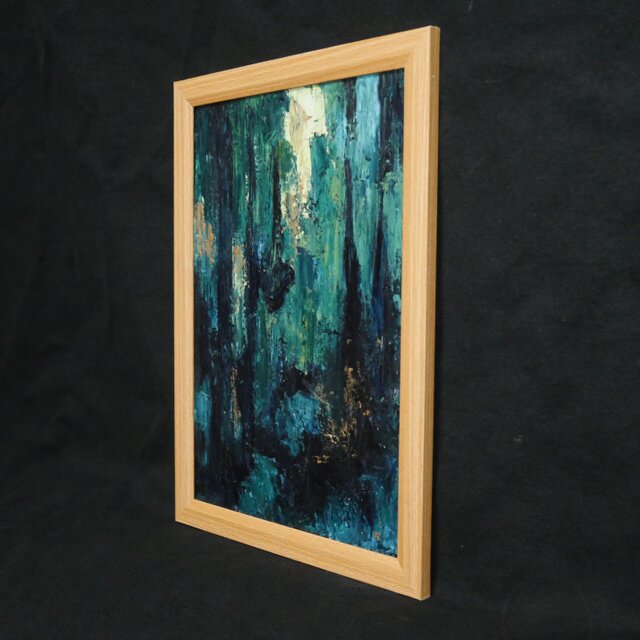 油絵 原画『深淵の灯火』A4額装込 / 抽象画 深緑と青のモダンアート