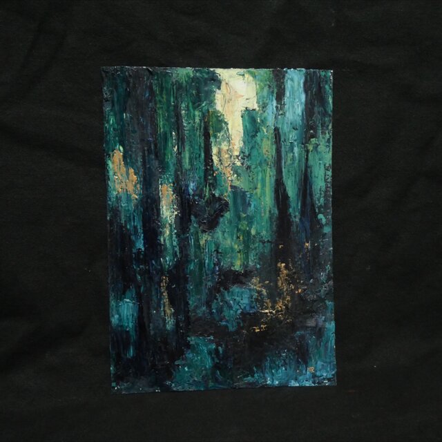 油絵 原画『深淵の灯火』A4額装込 / 抽象画 深緑と青のモダンアート