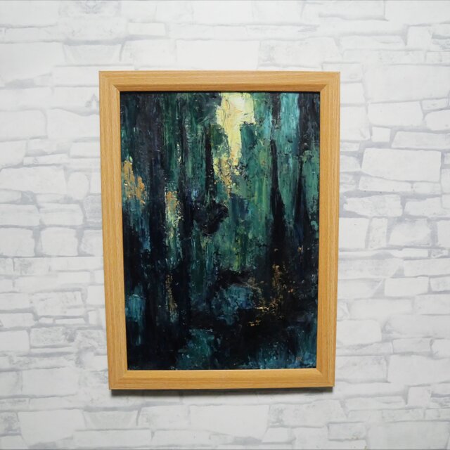 油絵 原画『深淵の灯火』A4額装込 / 抽象画 深緑と青のモダンアート