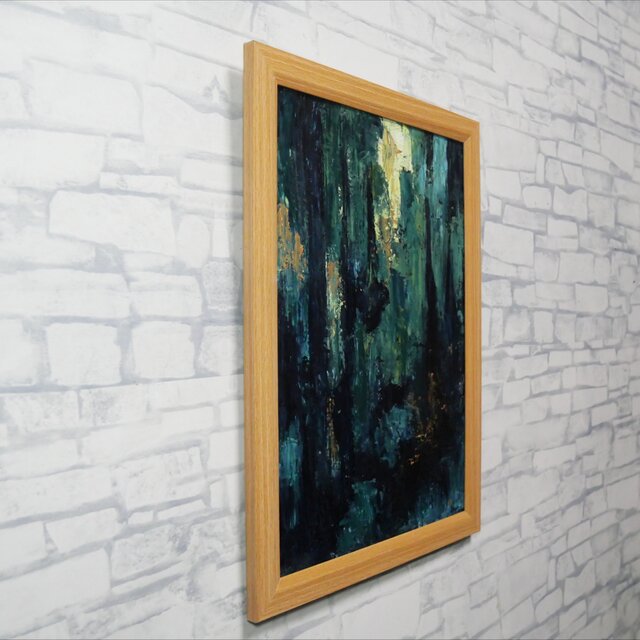 油絵 原画『深淵の灯火』A4額装込 / 抽象画 深緑と青のモダンアート