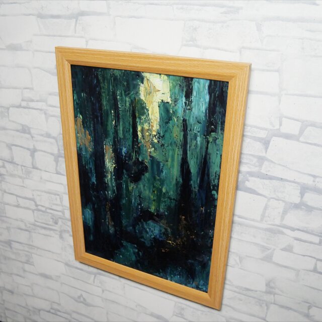 油絵 原画『深淵の灯火』A4額装込 / 抽象画 深緑と青のモダンアート