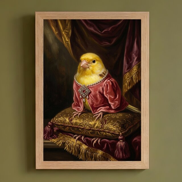 カナリアのルネサンス風肖像画 油絵風アートA4額装インテリア壁掛け