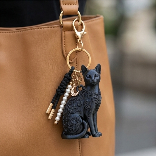 猫（エジプシャンマウ）のキーホルダー ミニチュア シルクブラック