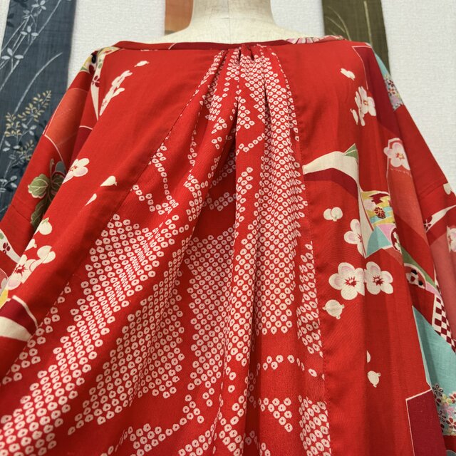アンティーク長襦袢リメイクワンピース 絞り×折り鶴 JAPAN 華やか和