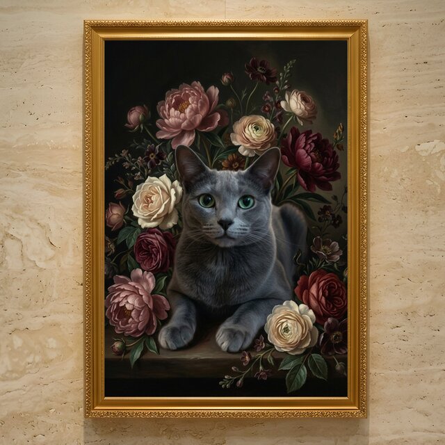 ロシア グレチナ シルクスリーン アート額装品 インテリア 現代作家 猫（ロシアンブルー）の花に囲まれた油絵風アート A3額装インテリア