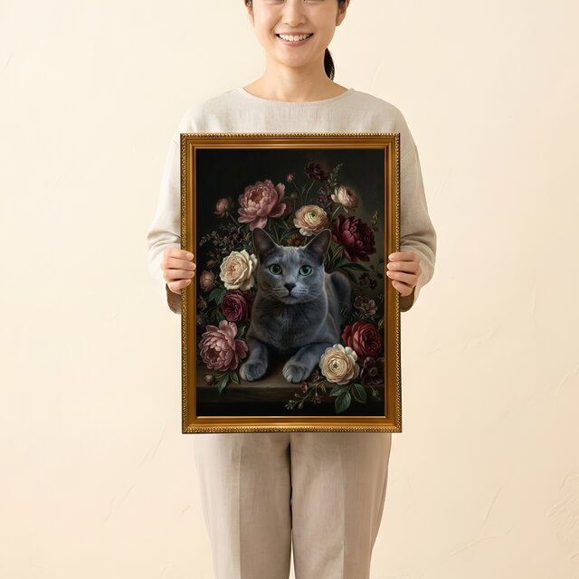 猫（ロシアンブルー）の花に囲まれた油絵風アート A3額装インテリア
