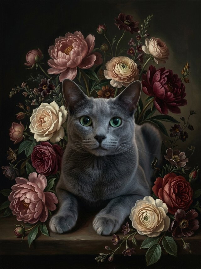 猫（ロシアンブルー）の花に囲まれた油絵風アート A3額装インテリア