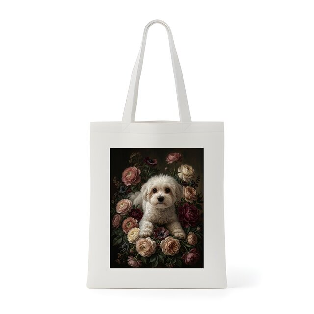 犬（マルチーズ）トートバッグ 花の油絵風アート キャンバス地 | iichi