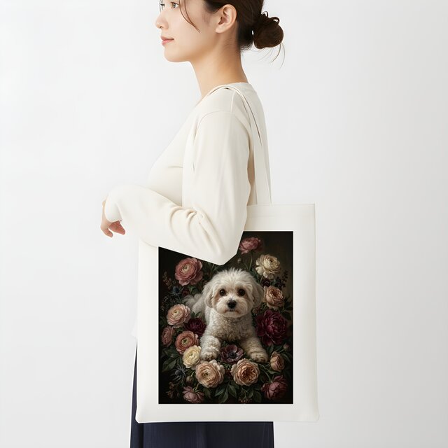 犬（マルチーズ）トートバッグ 花の油絵風アート キャンバス地 | iichi