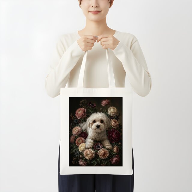 犬（マルチーズ）トートバッグ 花の油絵風アート キャンバス地 | iichi