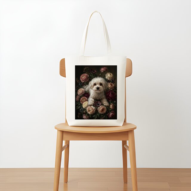 犬（マルチーズ）トートバッグ 花の油絵風アート キャンバス地 | iichi