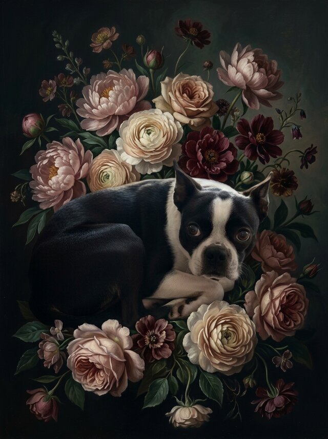 犬（ボストンテリア）の花に囲まれた油絵風アート A4額装インテリア
