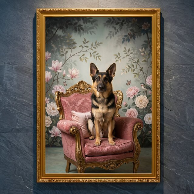 アンティーク調 犬の絵 写真額縁 犬（ジャーマンシェパード）のロココ調アート A4金縁額装インテリア