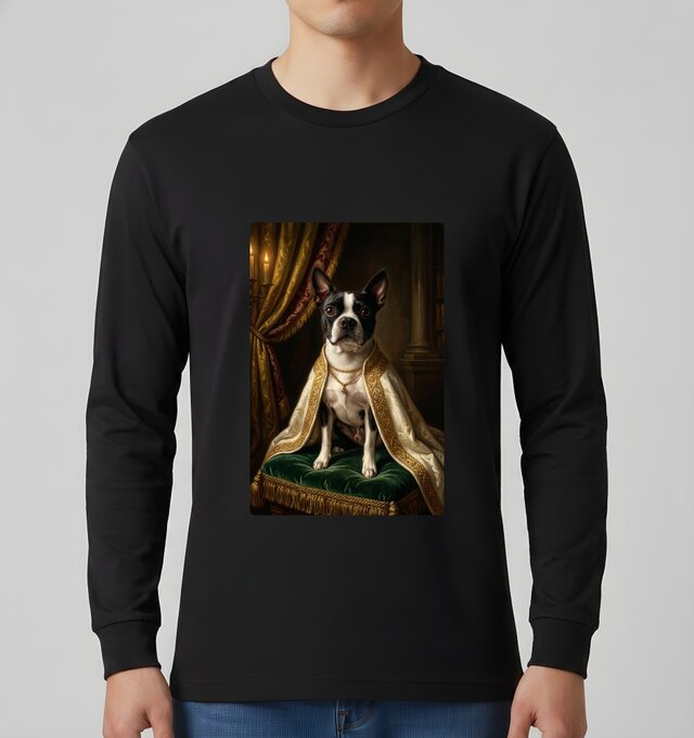 犬（ボストンテリア）長袖Tシャツ ルネサンス風カラーアート ブラック