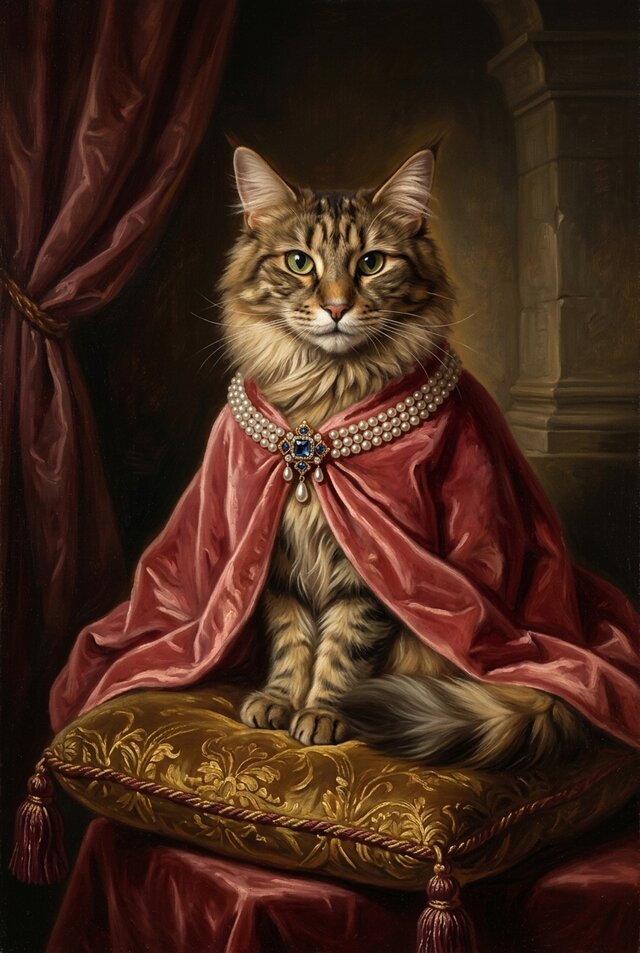 猫（メインクーン）のルネサンス風肖像画 油絵風アートA4金縁額装