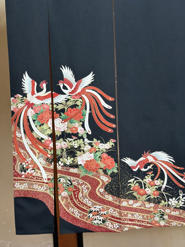 留袖着物リメイク暖簾ゴージャス鳳凰お部屋の演出縁起物横幅〜120-丈