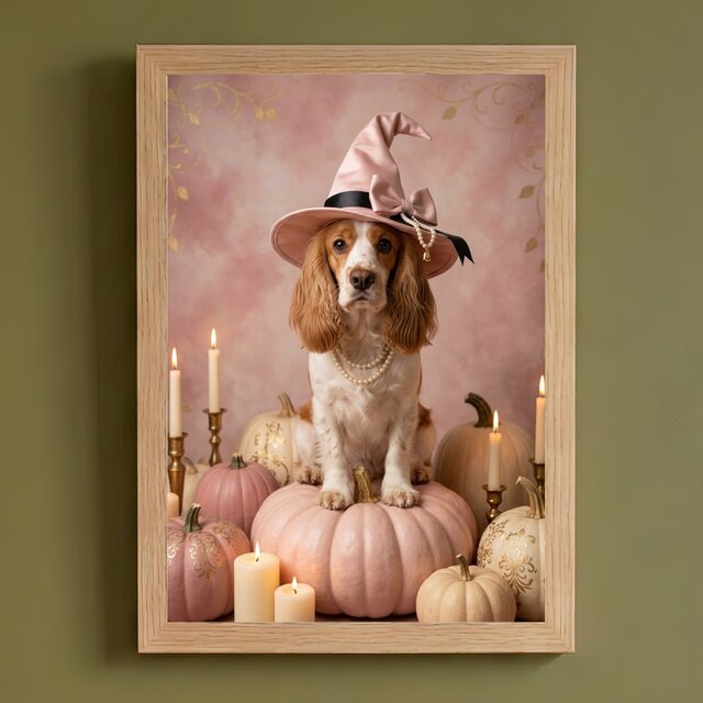コッカースパニエル肖像画 グラフィックアートパネル ☆インテリア◎一点物 犬（コッカースパニエル）のハロウィン限定アート A4額装インテリア