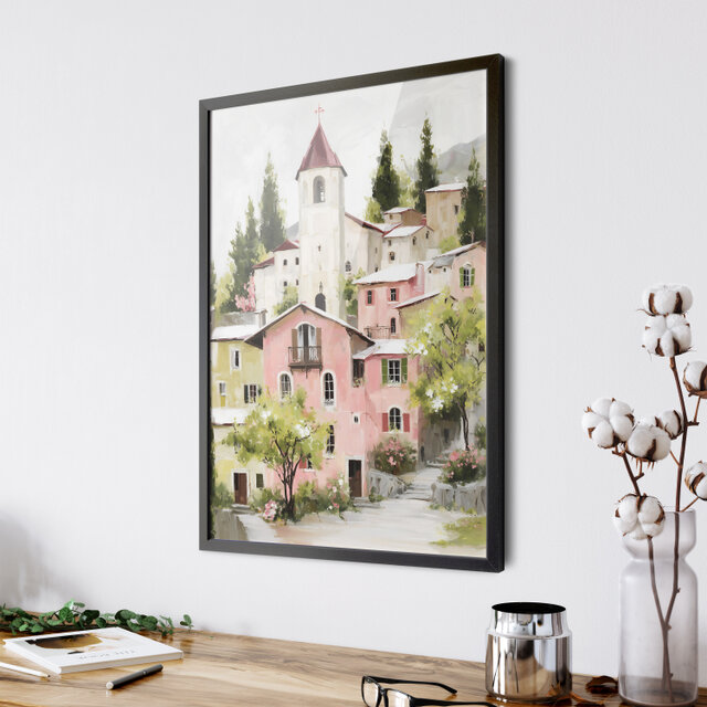 春の町【桜色の屋根の北欧の村 タイプB】風景画 春景色 新緑