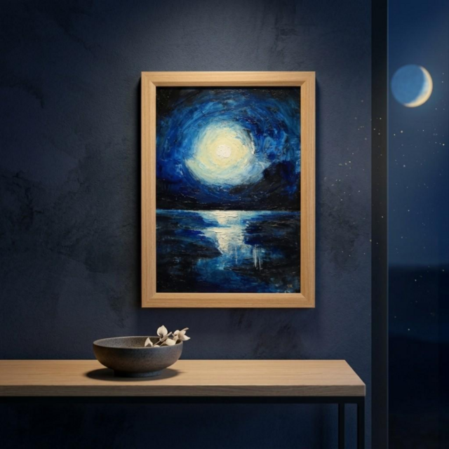 油絵 原画『思考の凪』 A4 絵画［額縁・ギフトラッピング付］月 夜の海