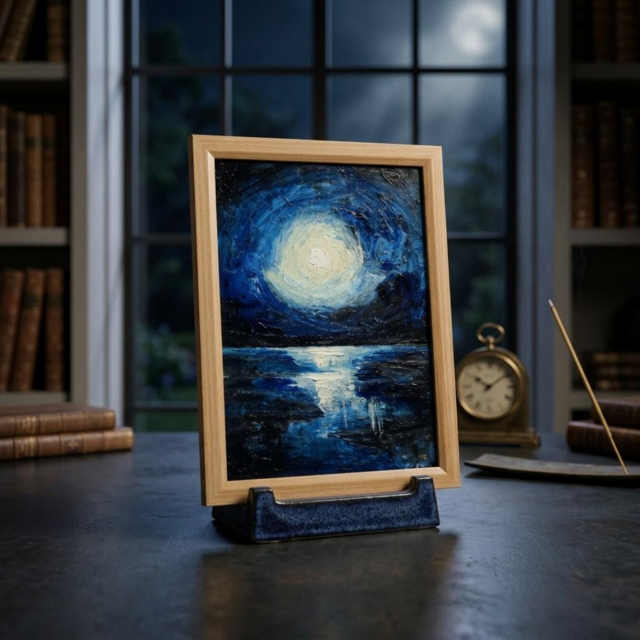 油絵 原画『思考の凪』 A4 絵画［額縁・ギフトラッピング付］月 夜の海