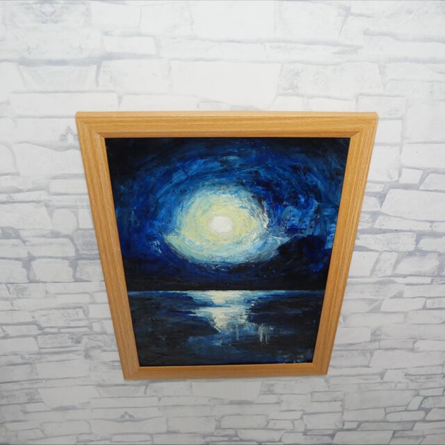 油絵 原画『思考の凪』 A4 絵画［額縁・ギフトラッピング付］月 夜の海