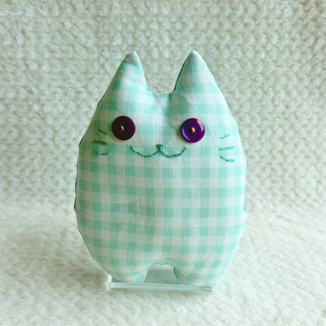 ハンドメイド ふにゃ〜た ねこのぬいぐるみ ミントチェック×ブルー④