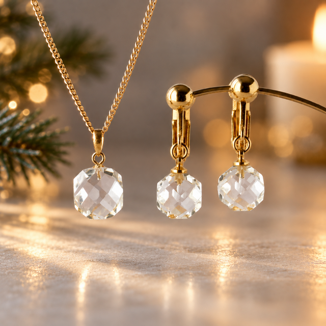 K18 X'mas限定セット クォーツ/白水晶 天然石ネックレス&イヤリング