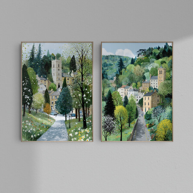 春の町【 緑の丘の村 Ⅳ ～丘の眺め～ 】風景画 水彩画 インテリア