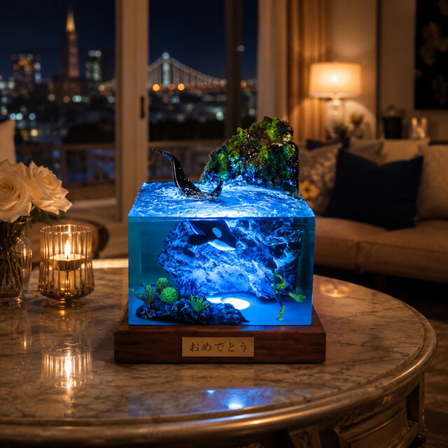 Sライトニング水晶ハート置物 シャチとダイバーの海景｜天然木とレジンの名入れランプ | iichi 日々