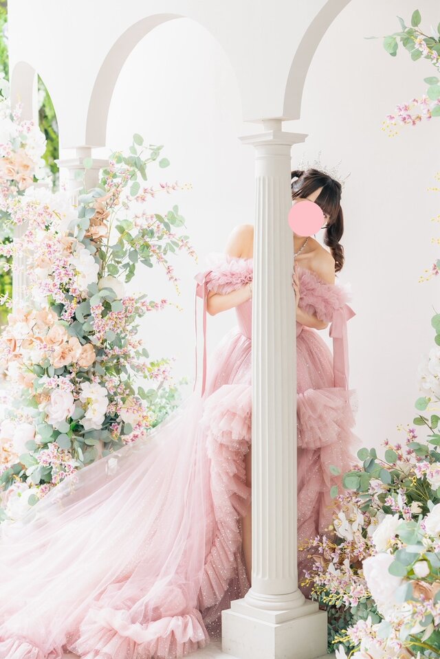 実例写真！カラードレス ピンク 取り外しオフショルダー フロント