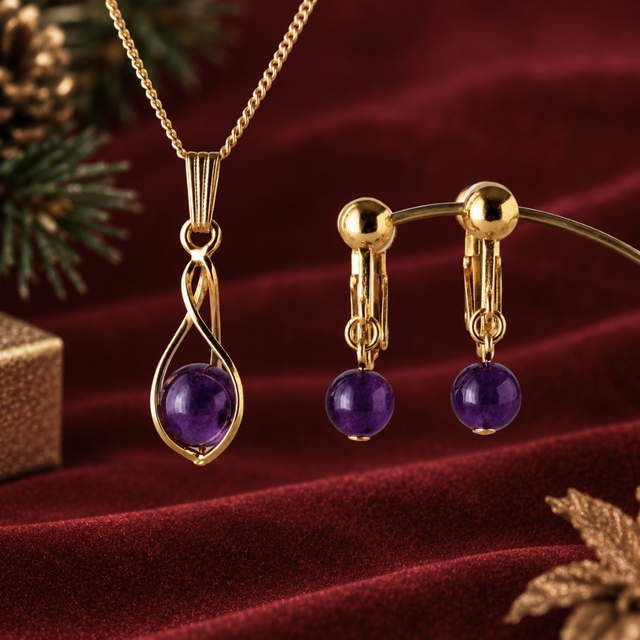 X'mas限定セット アメシスト/紫水晶 天然石ネックレス&イヤリング