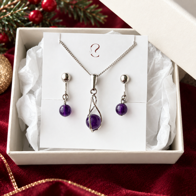 X'mas限定セット アメシスト/紫水晶 天然石ネックレス&イヤリング