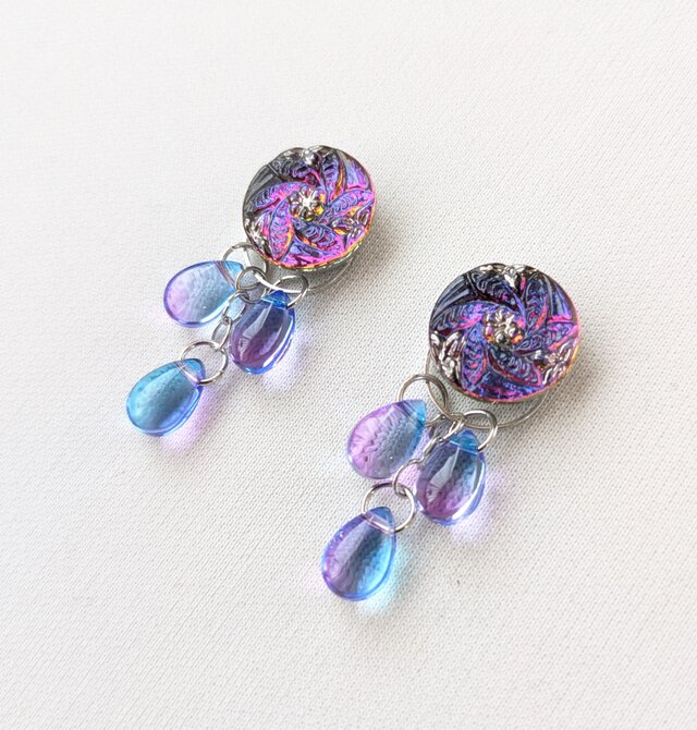 チェコガラスボタンとブルー・パープルビーズの2wayアクセサリー