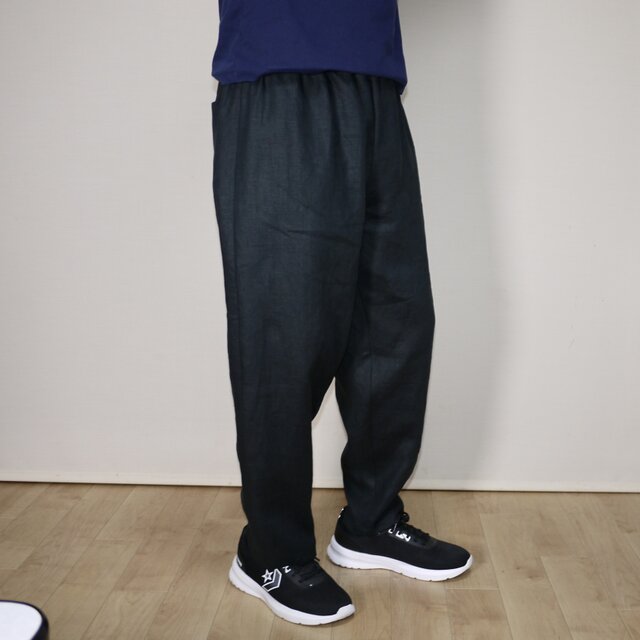 即納・仕立済】カラーリネン◇マイティパンツ◇黒◇フリーサイズ（中厚