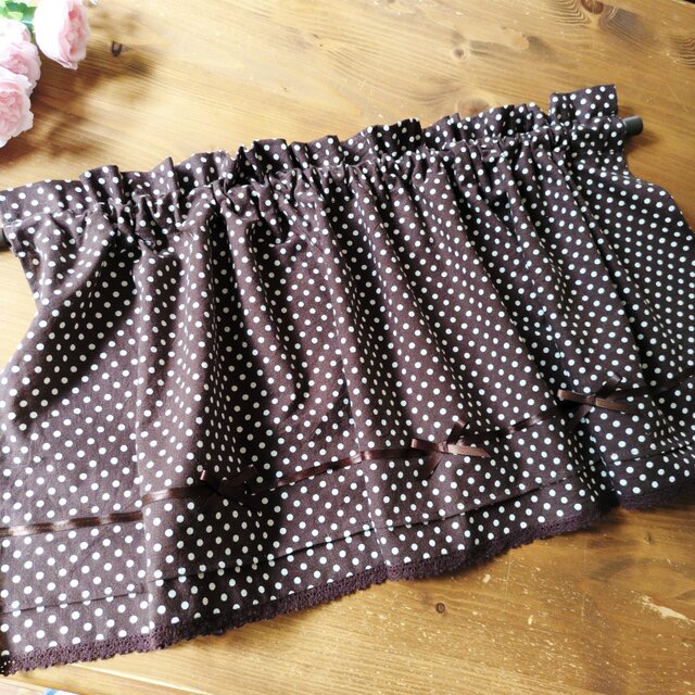 ブラウンドット♪リボン＆レース カフェカーテン 横104×縦39cm | iichi