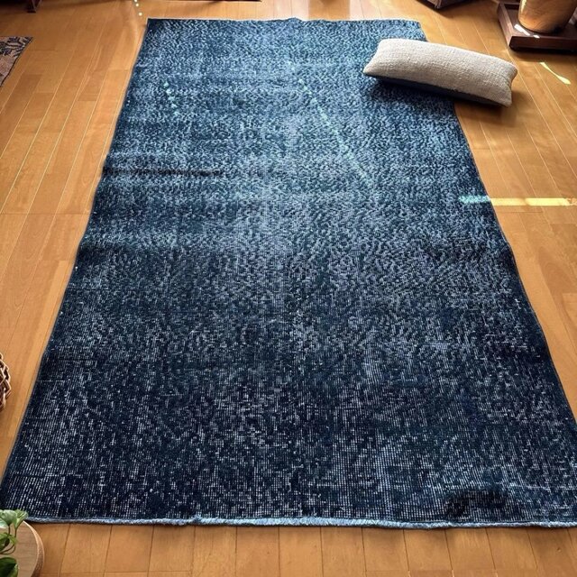 113×200 ブルー×ブルーグリーン オーバーダイ トルコヴィンテージラグ