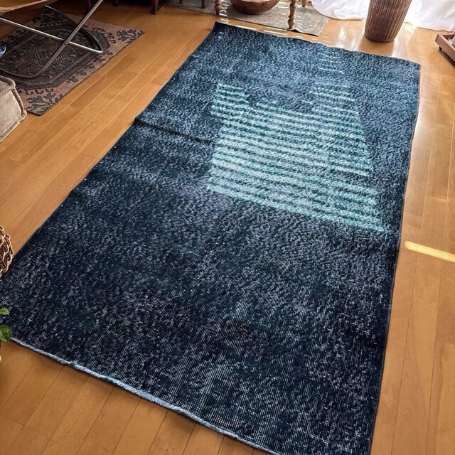 113×200 ブルー×ブルーグリーン オーバーダイ トルコヴィンテージラグ