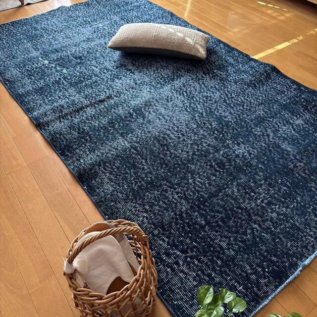 113×200 ブルー×ブルーグリーン オーバーダイ トルコヴィンテージラグ
