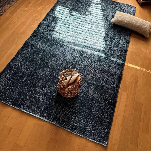 113×200 ブルー×ブルーグリーン オーバーダイ トルコヴィンテージラグ