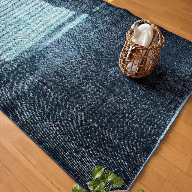 113×200 ブルー×ブルーグリーン オーバーダイ トルコヴィンテージラグ